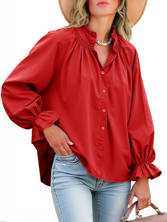 Puff Sleeve Ruffle Collar Button Blouse - Red - 1