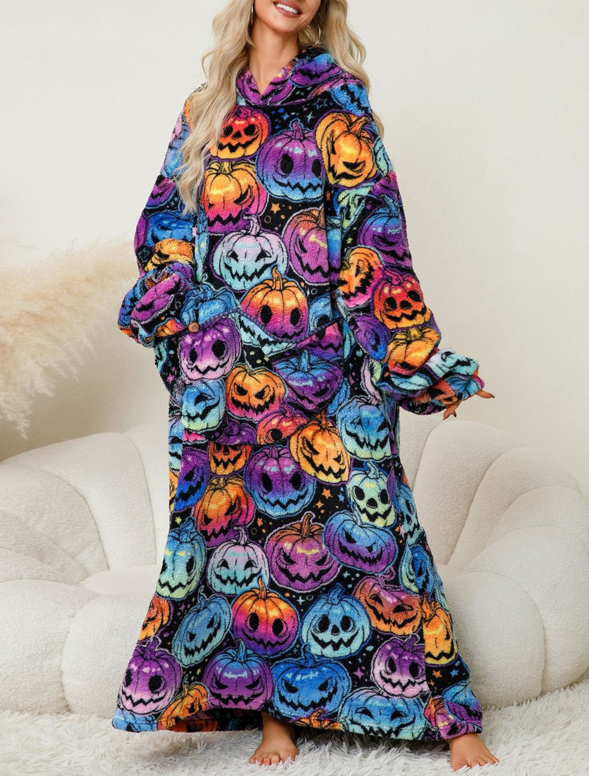 Oversized Hooded Fleece Pajama Blanket - Black - 1