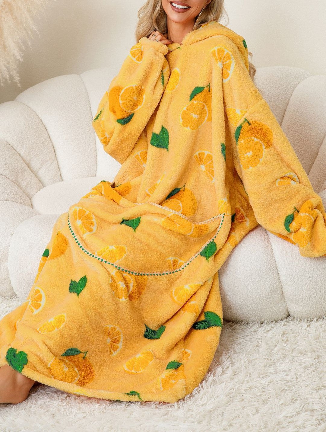 Oversized Hooded Fleece Pajama Blanket - Yellow - 1