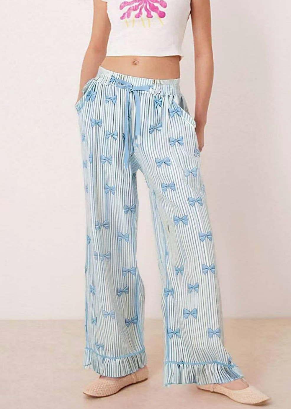 Ruffle Hem Bow Print Pajama Pants - Blue - 4