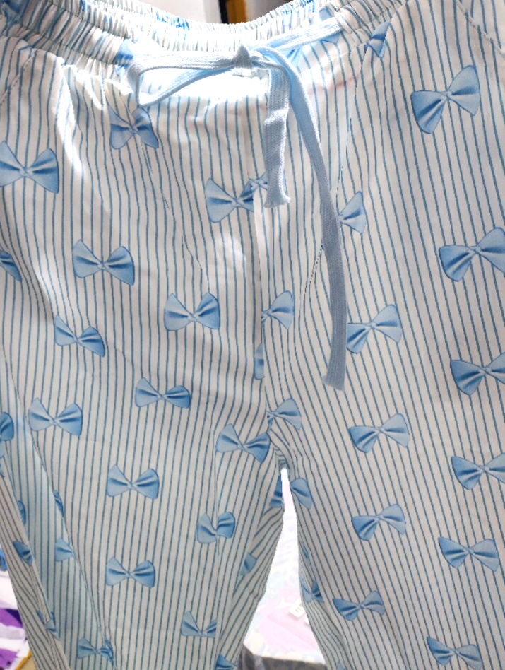 Ruffle Hem Bow Print Pajama Pants - Blue - 5