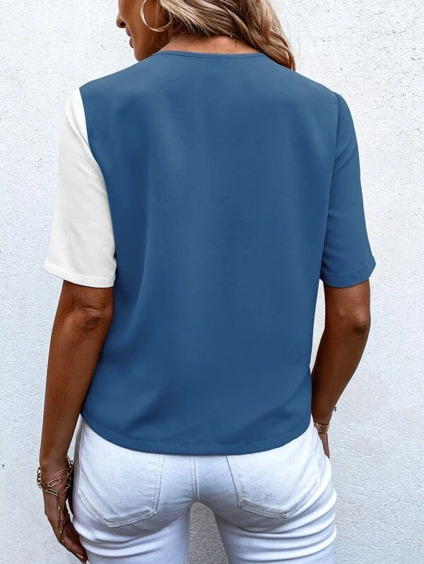 Contrast Panel Button Trim V Neck Tee - Blue - 1