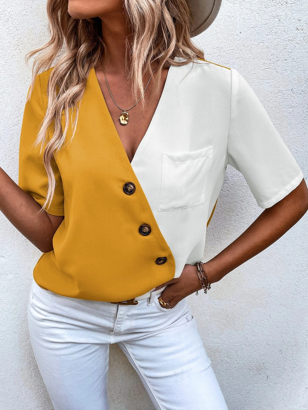 Contrast Panel Button Trim V Neck Tee - Yellow - 1