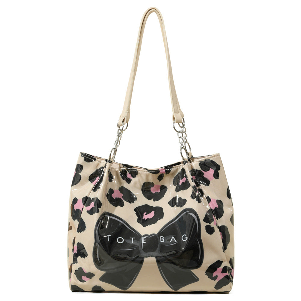 Leopard Print Tote Bag With Oversized Bow Detail - Black