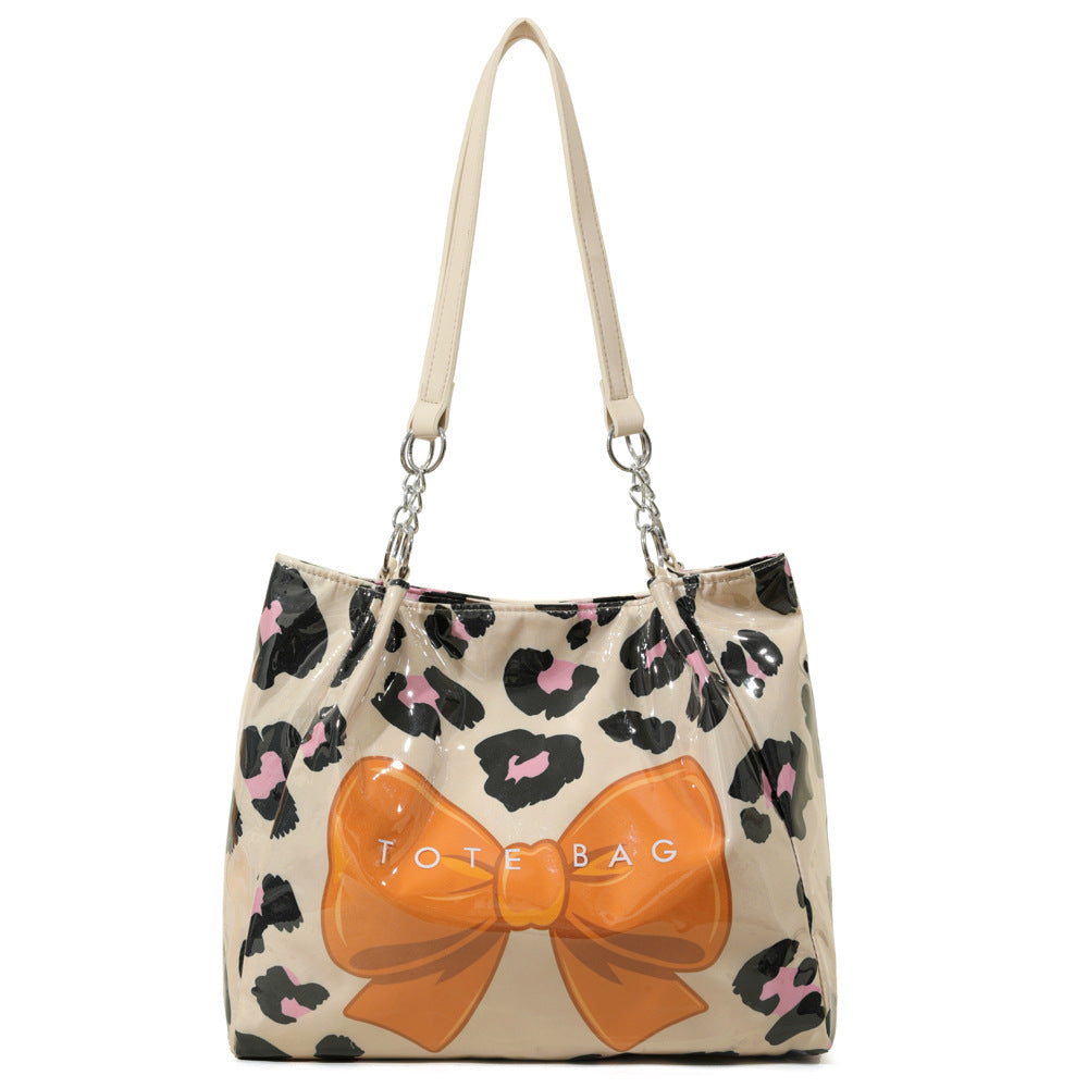 Leopard Print Tote Bag With Oversized Bow Detail - Orange