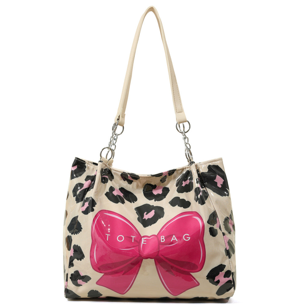 Leopard Print Tote Bag With Oversized Bow Detail - Rose_Red