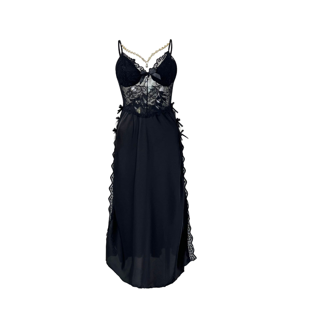 Lace Bodice Satin High Slit Midi Slip Dress