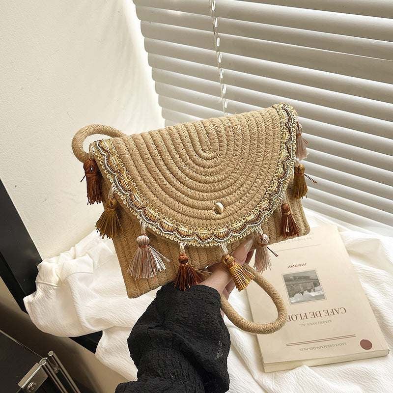 Fringed Straw Half Moon Crossbody Bag - Khaki