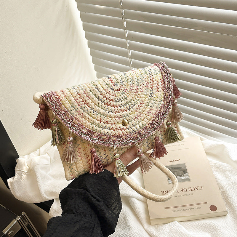 Fringed Straw Half Moon Crossbody Bag - Off-White