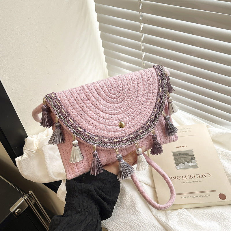 Fringed Straw Half Moon Crossbody Bag - Pink