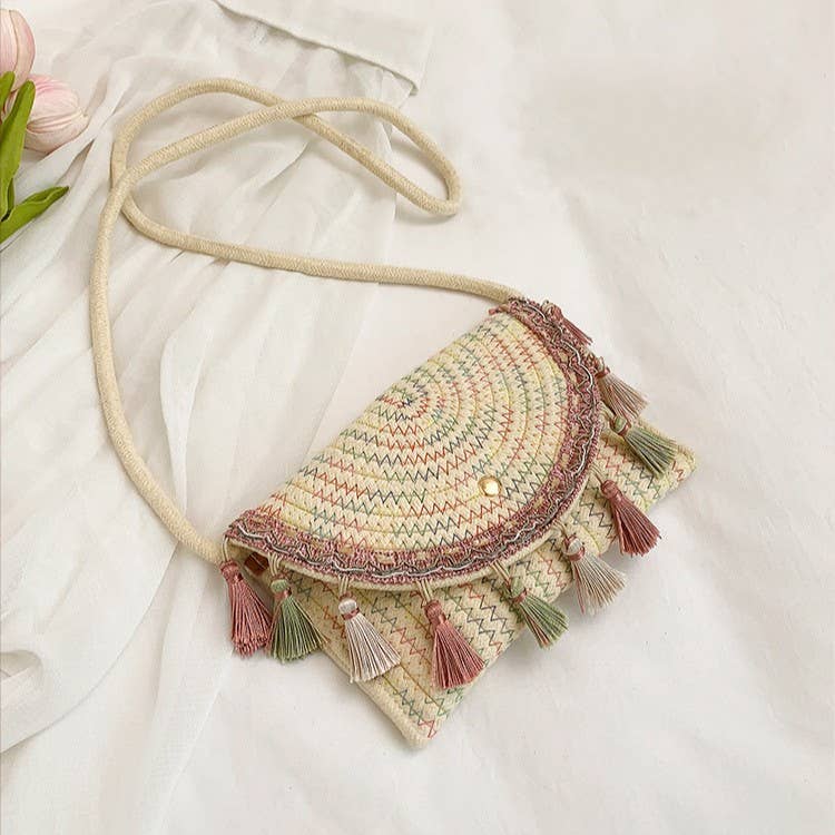 Fringed Straw Half Moon Crossbody Bag