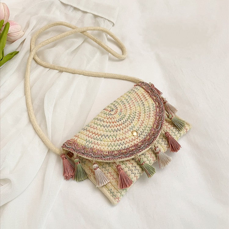 Fringed Straw Half Moon Crossbody Bag - view 2