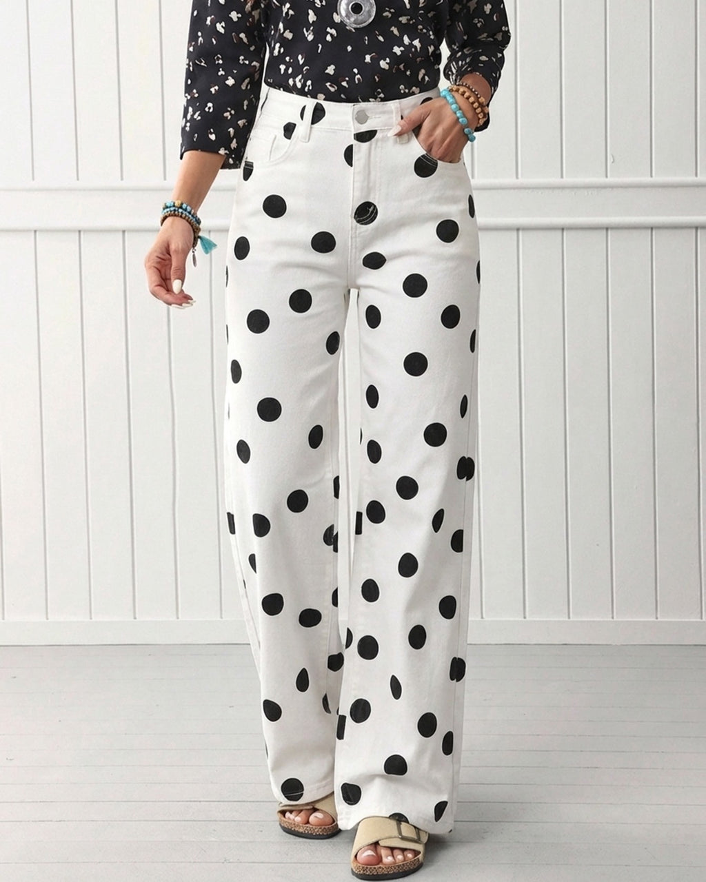 High Waist Polka Dot Wide Leg Jeans - White