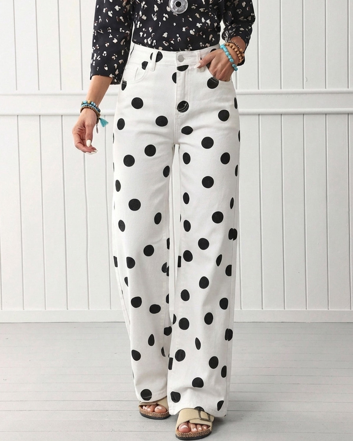 High Waist Polka Dot Wide Leg Jeans - White