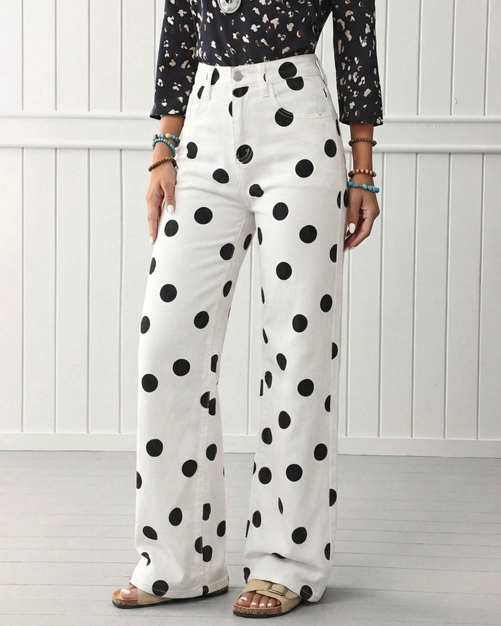 High Waist Polka Dot Wide Leg Jeans - White - 1