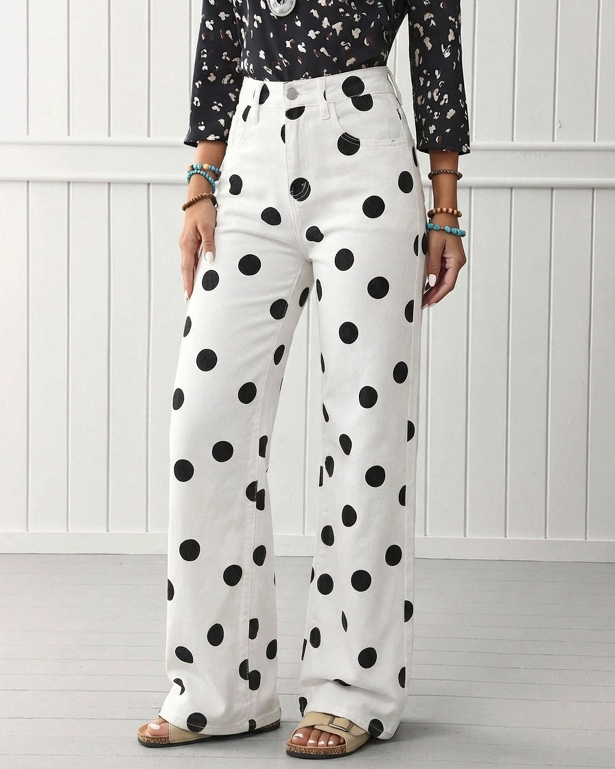 High Waist Polka Dot Wide Leg Jeans - White - 1