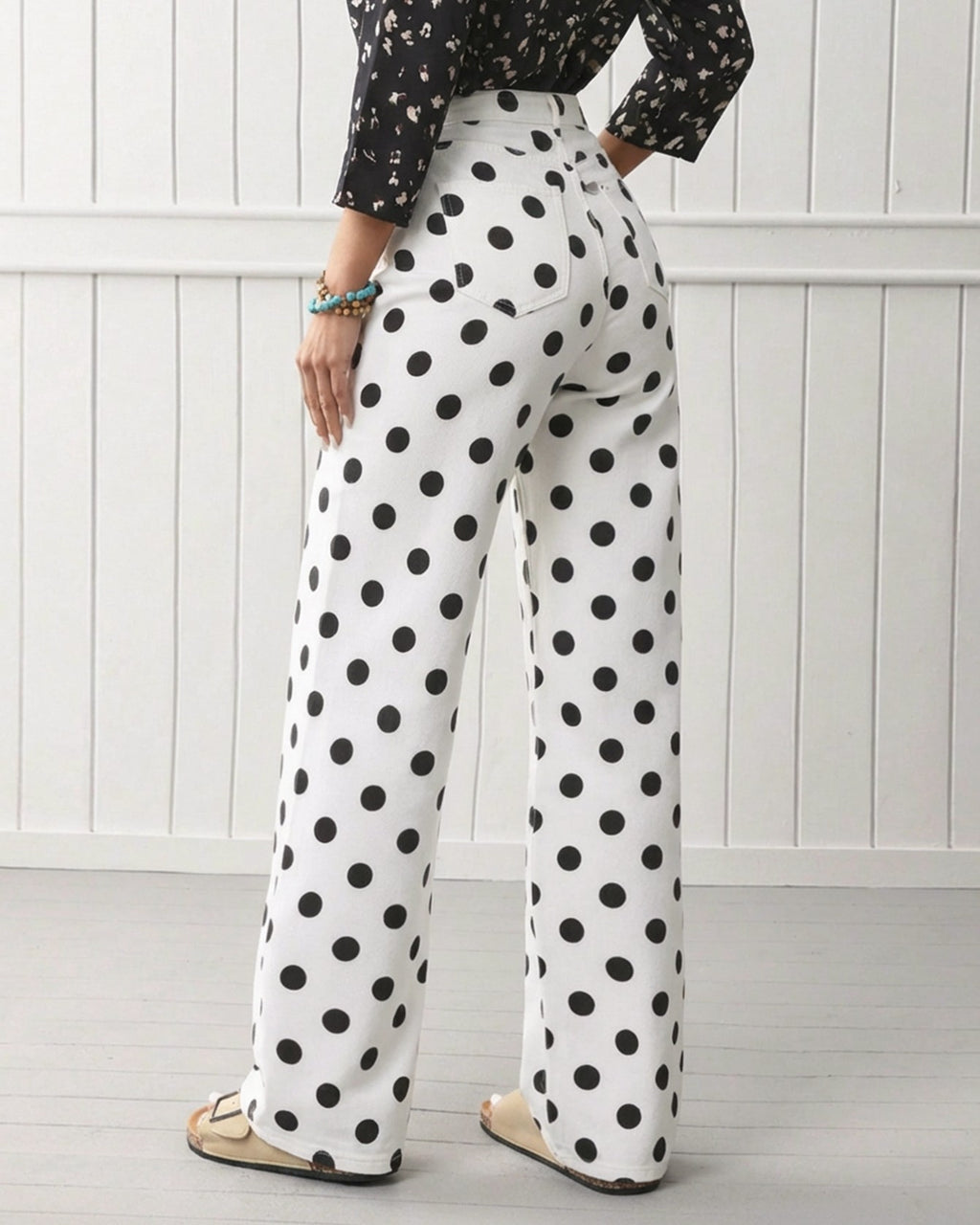 High Waist Polka Dot Wide Leg Jeans - White - 2