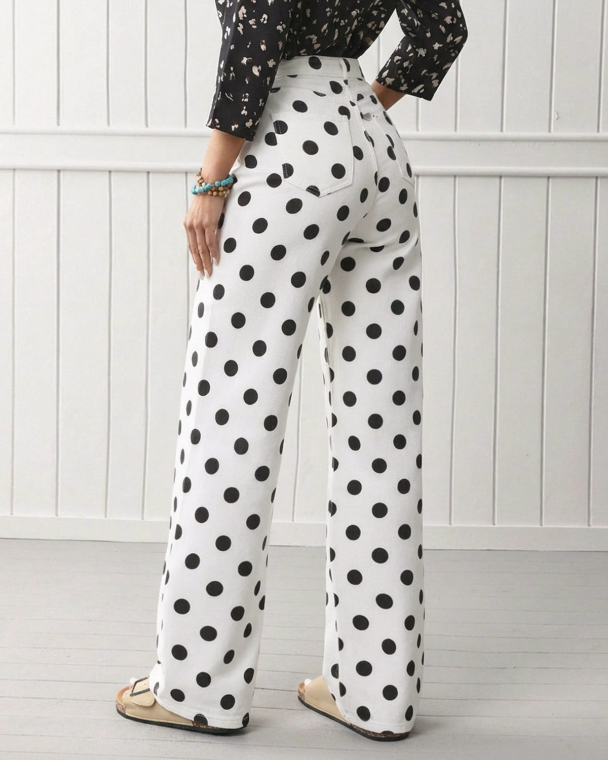 High Waist Polka Dot Wide Leg Jeans - White - 2