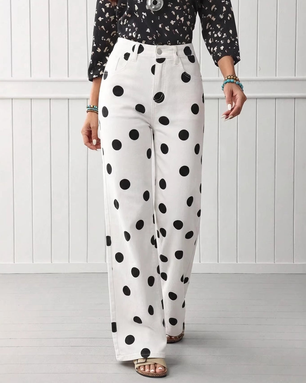 High Waist Polka Dot Wide Leg Jeans - White - 3