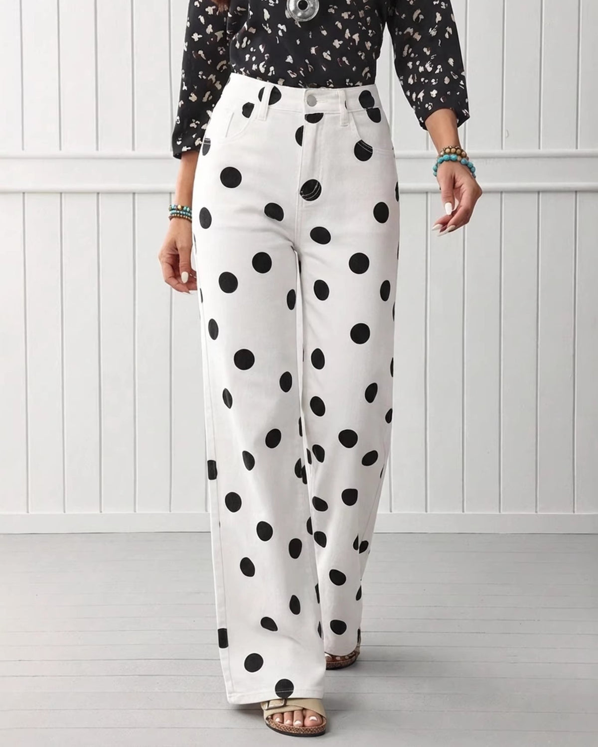 High Waist Polka Dot Wide Leg Jeans - White - 3