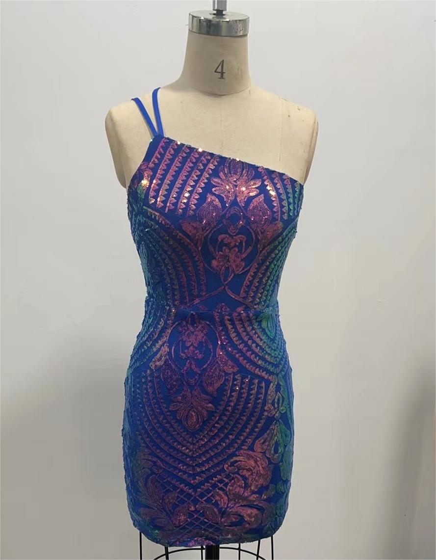 One Shoulder Sequin Bodycon Mini Dress - blue