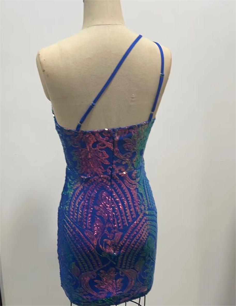 One Shoulder Sequin Bodycon Mini Dress - blue - 1
