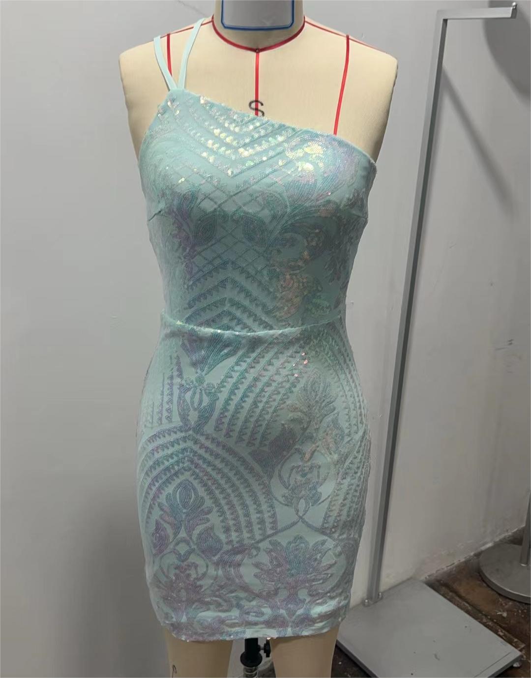 One Shoulder Sequin Bodycon Mini Dress - green