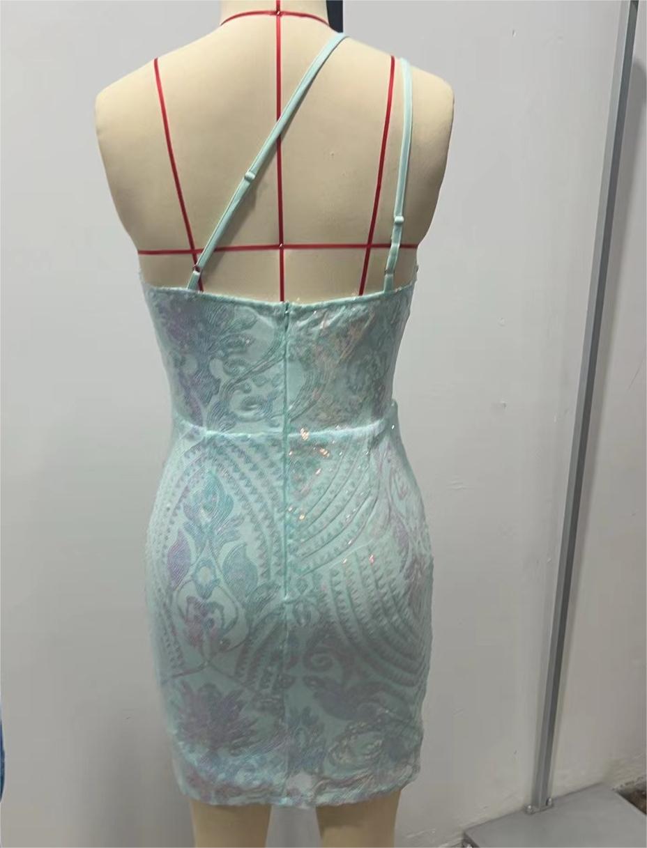 One Shoulder Sequin Bodycon Mini Dress - green - 1