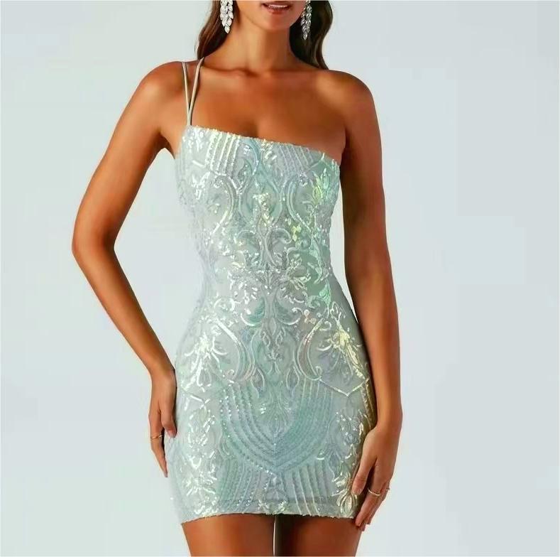 One Shoulder Sequin Bodycon Mini Dress - green - 2
