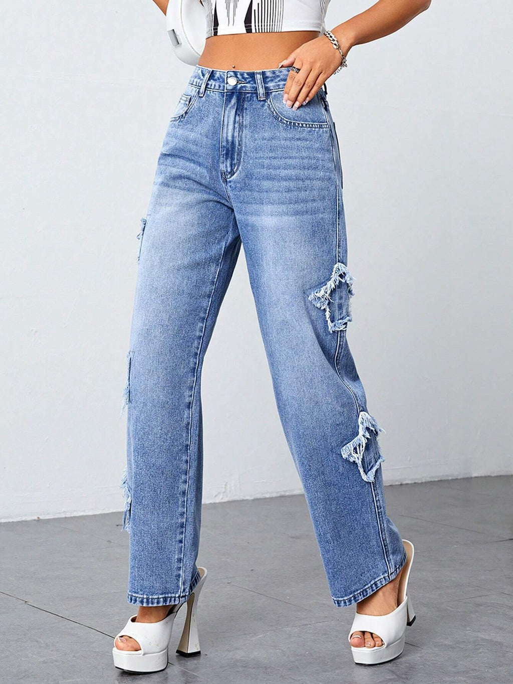 Star Patch Distressed Straight Leg Jeans - Blue