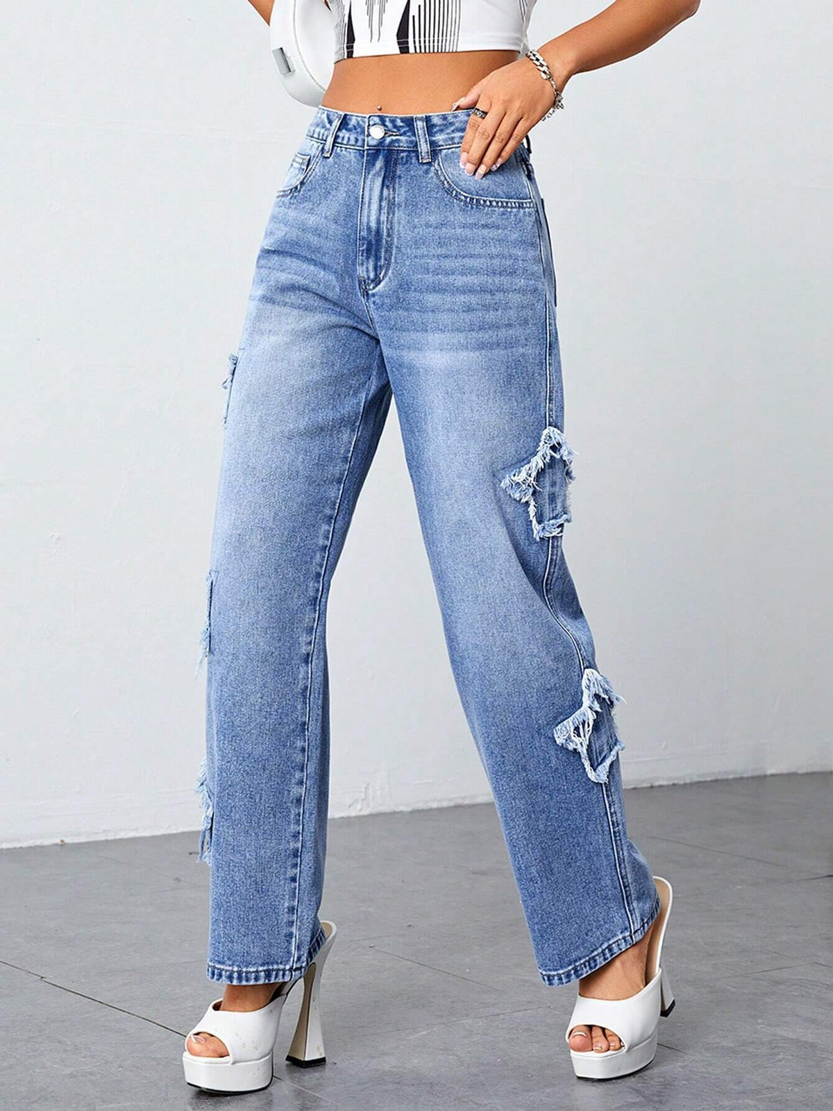 Star Patch Distressed Straight Leg Jeans - Blue