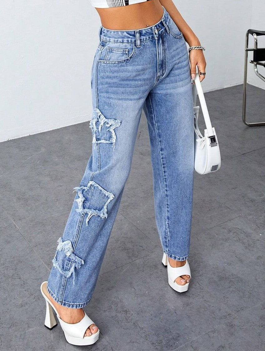Star Patch Distressed Straight Leg Jeans - Blue - 1