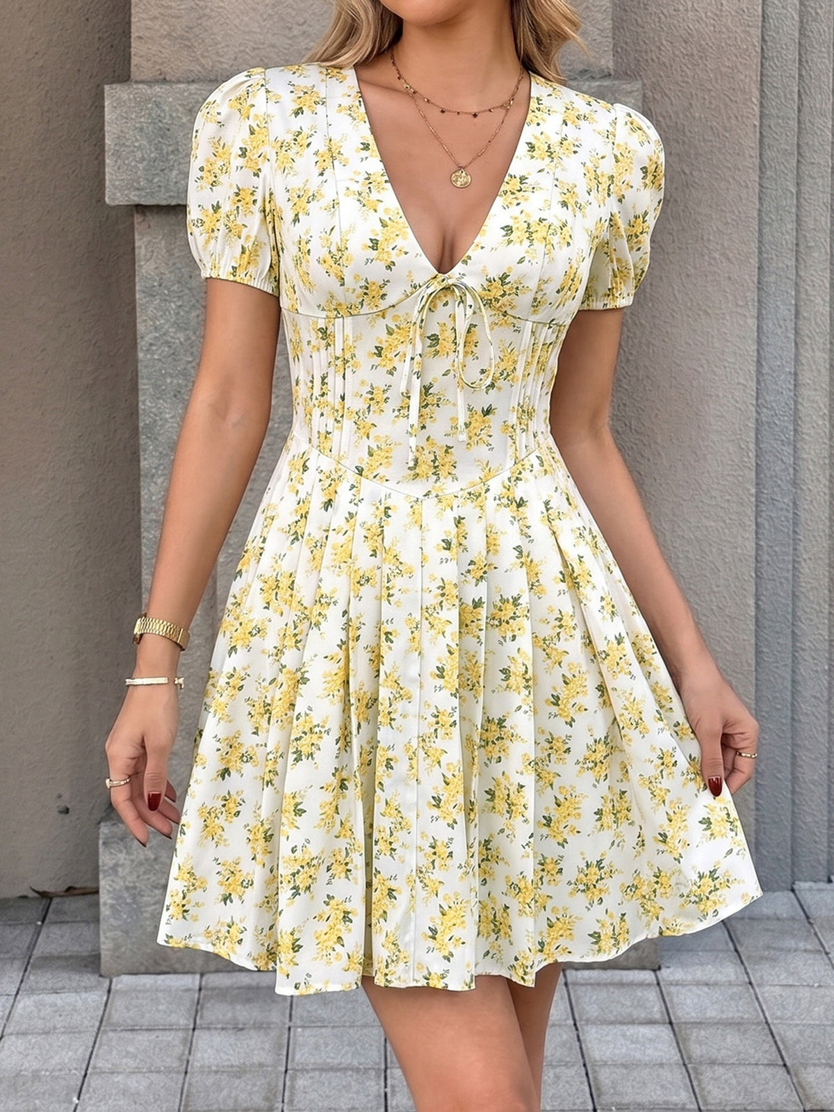 Ditsy Floral Tie Front Mini Sundress - Yellow