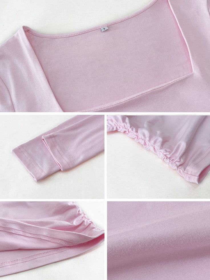 Square Neck Ruched Long Sleeve Fitted Top - Pink - 2
