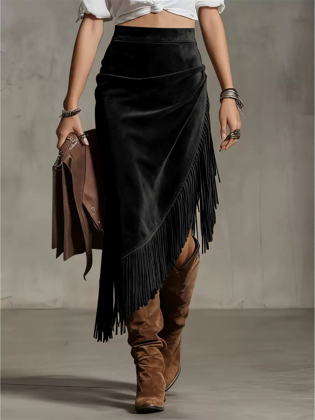 Fringe Trim Asymmetric Faux Suede Skirt - Black