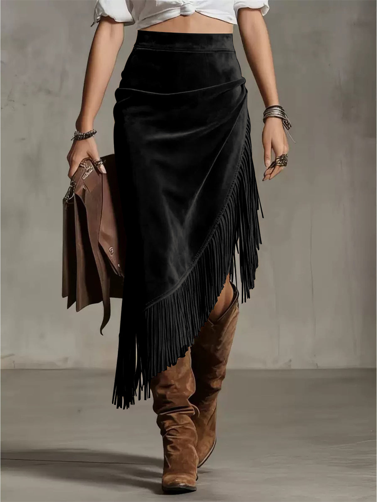 Fringe Trim Asymmetric Faux Suede Skirt - Black