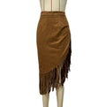 Fringe Trim Asymmetric Faux Suede Skirt - Brown