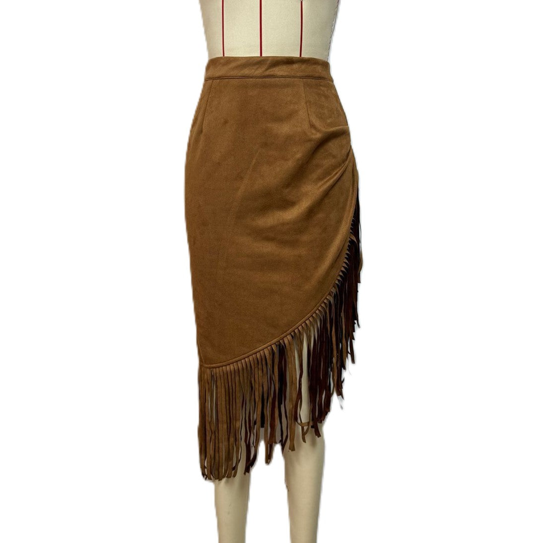Fringe Trim Asymmetric Faux Suede Skirt - Brown