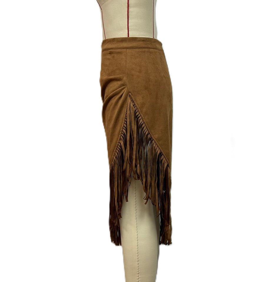 Fringe Trim Asymmetric Faux Suede Skirt - Brown - 1