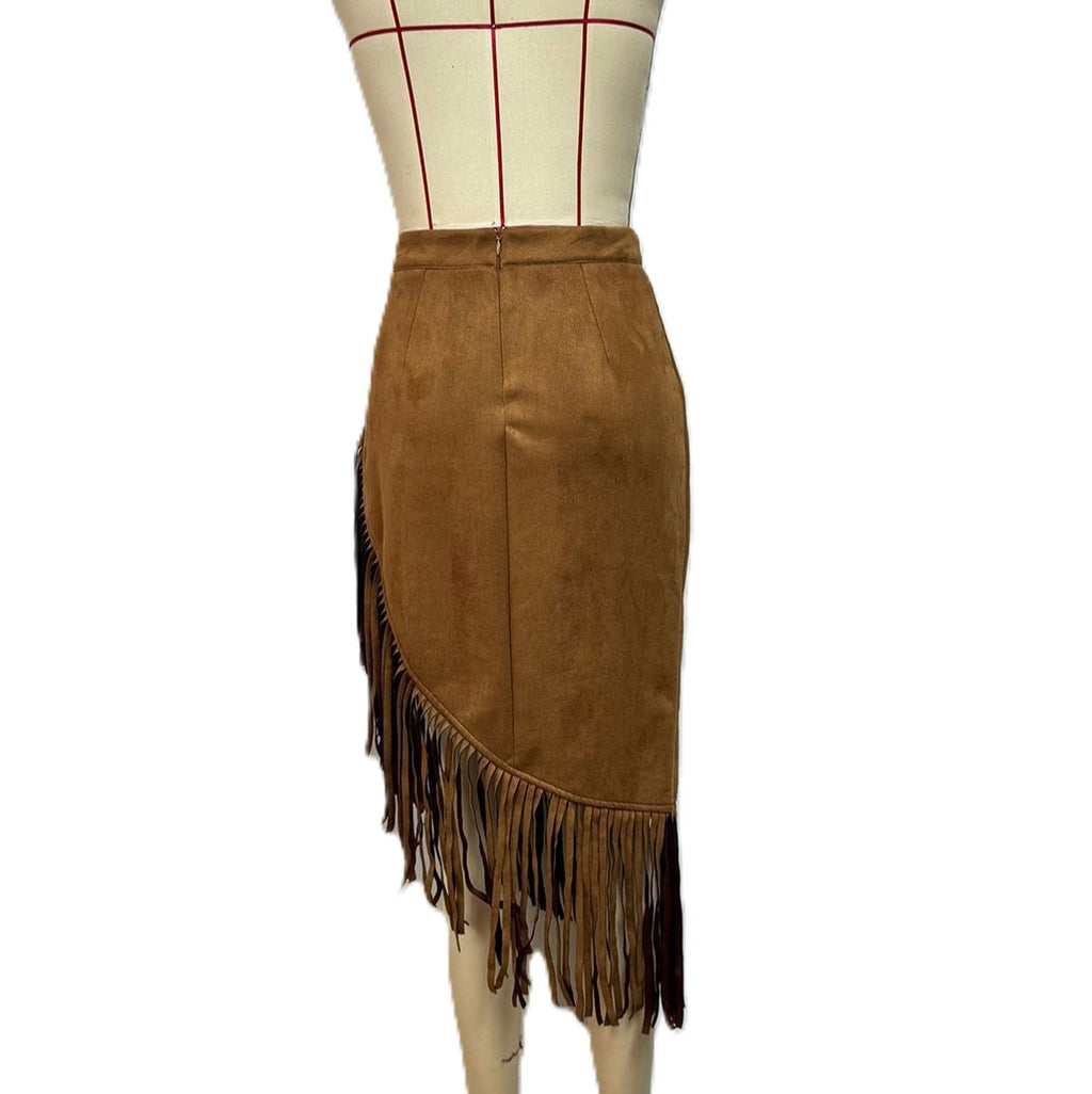 Fringe Trim Asymmetric Faux Suede Skirt - Brown - 2