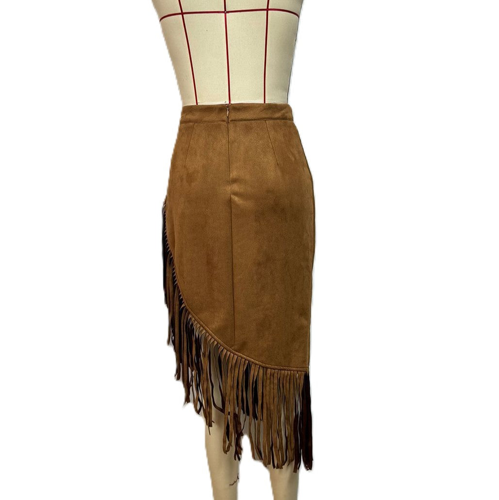 Fringe Trim Asymmetric Faux Suede Skirt - Brown - 2
