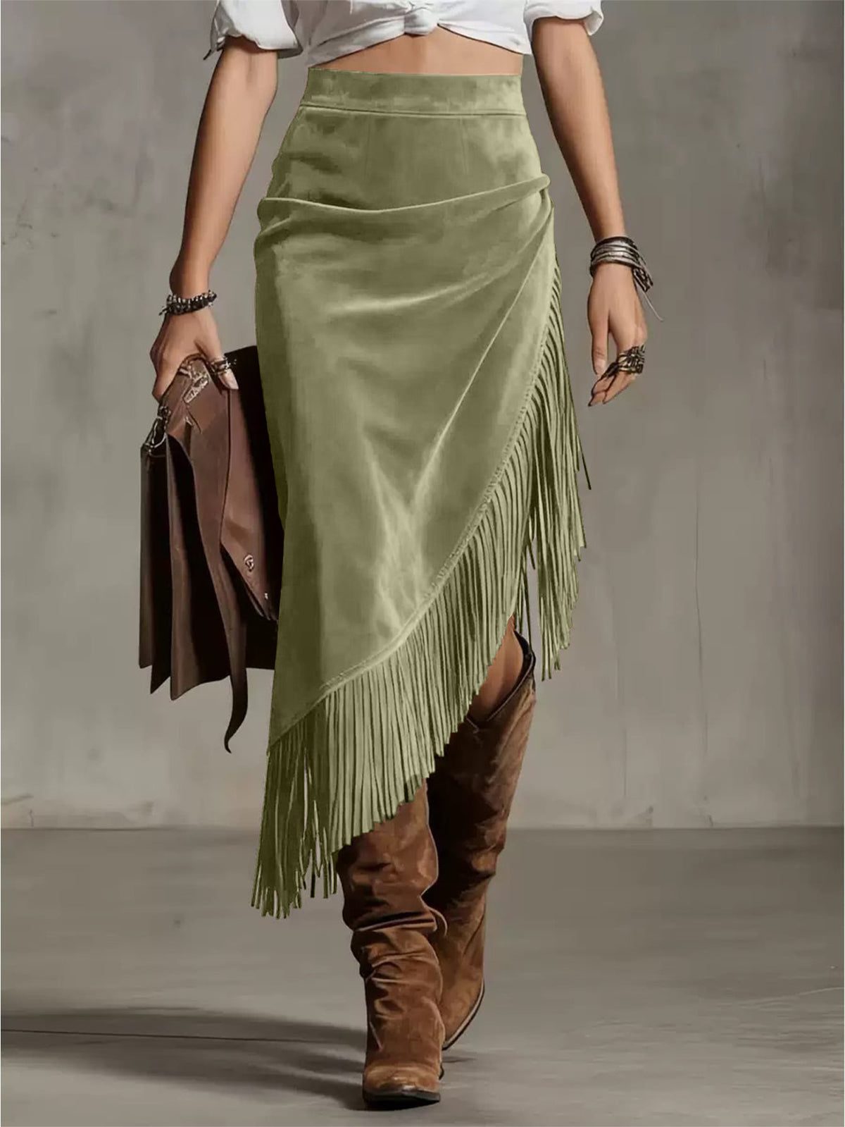 Fringe Trim Asymmetric Faux Suede Skirt - Green
