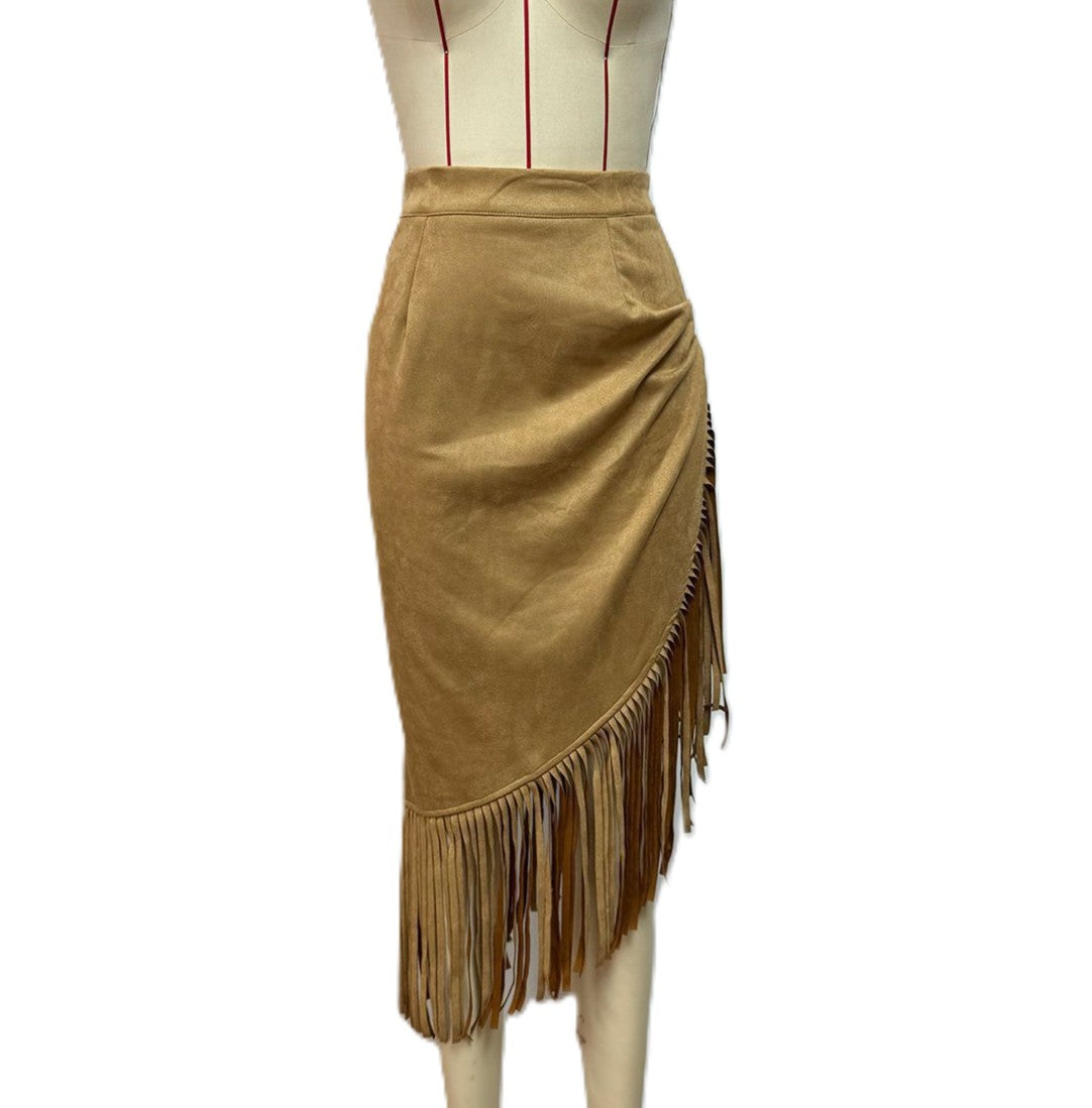 Fringe Trim Asymmetric Faux Suede Skirt - Khaki