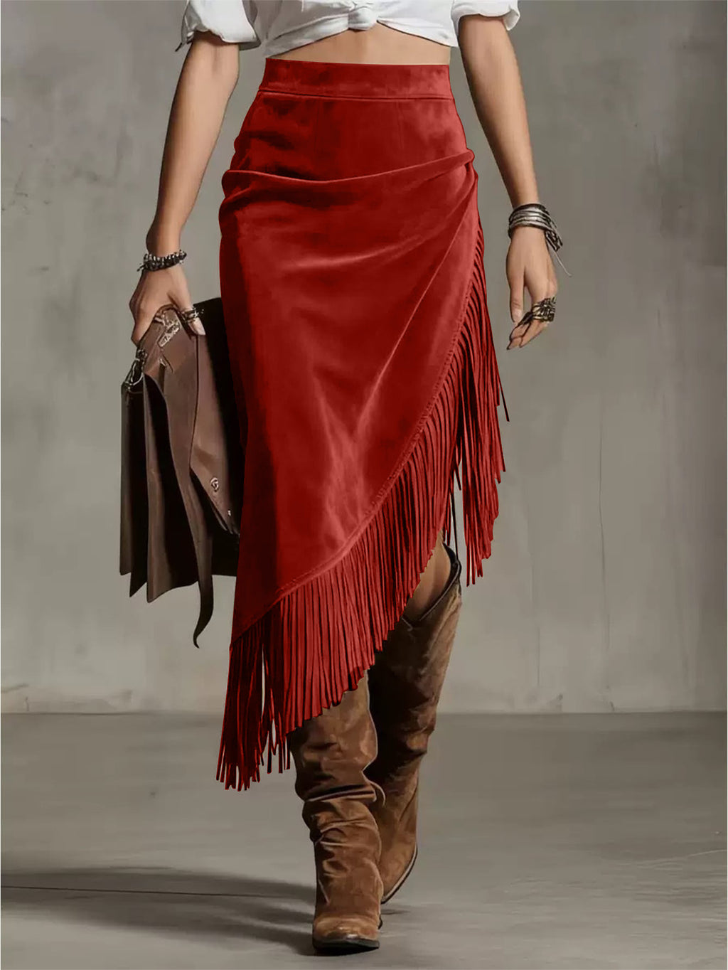 Fringe Trim Asymmetric Faux Suede Skirt - Red