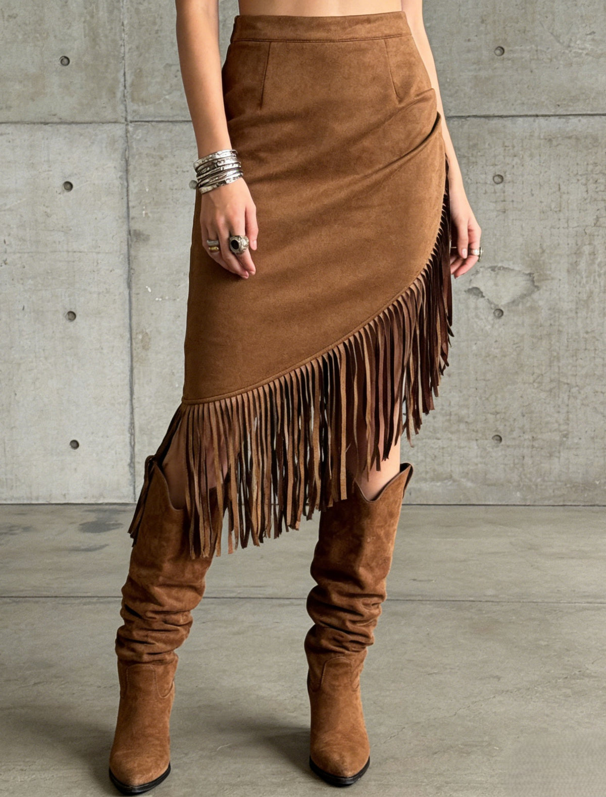 Fringe Trim Asymmetric Faux Suede Skirt