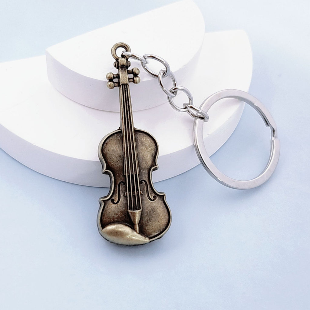 Vintage Antique Violin Pendant Keychain Charm - Antique Gold