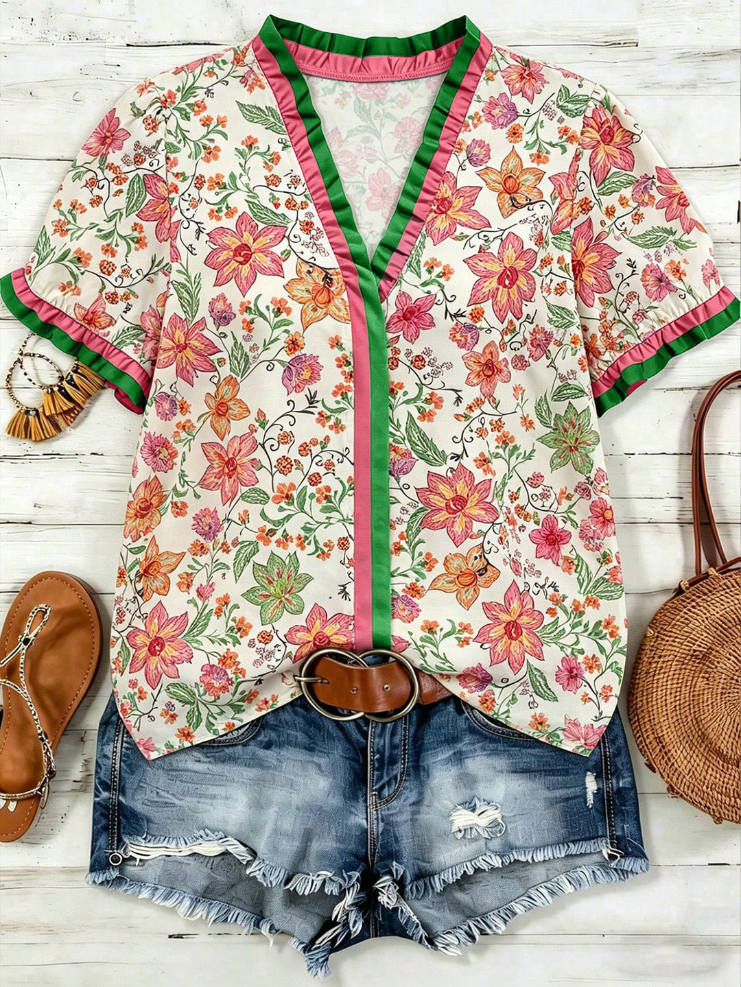 Ditsy Floral Print Blouse With Ruffled V Neckline - Orange