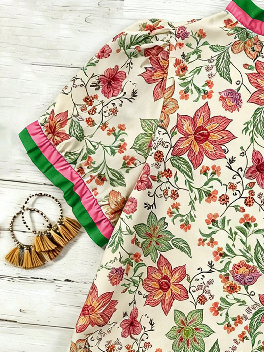Ditsy Floral Print Blouse With Ruffled V Neckline - Orange - 1