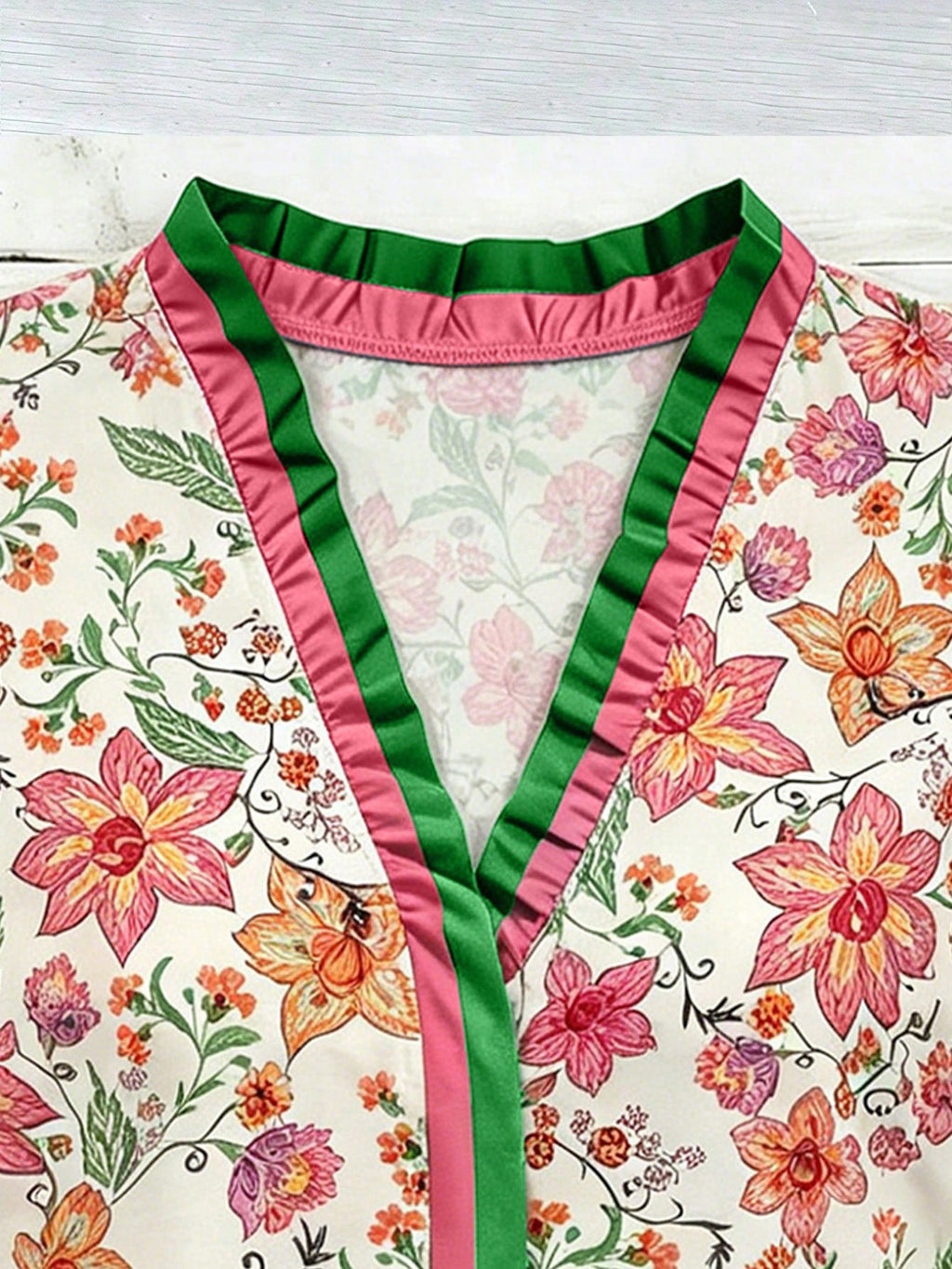 Ditsy Floral Print Blouse With Ruffled V Neckline - Orange - 2