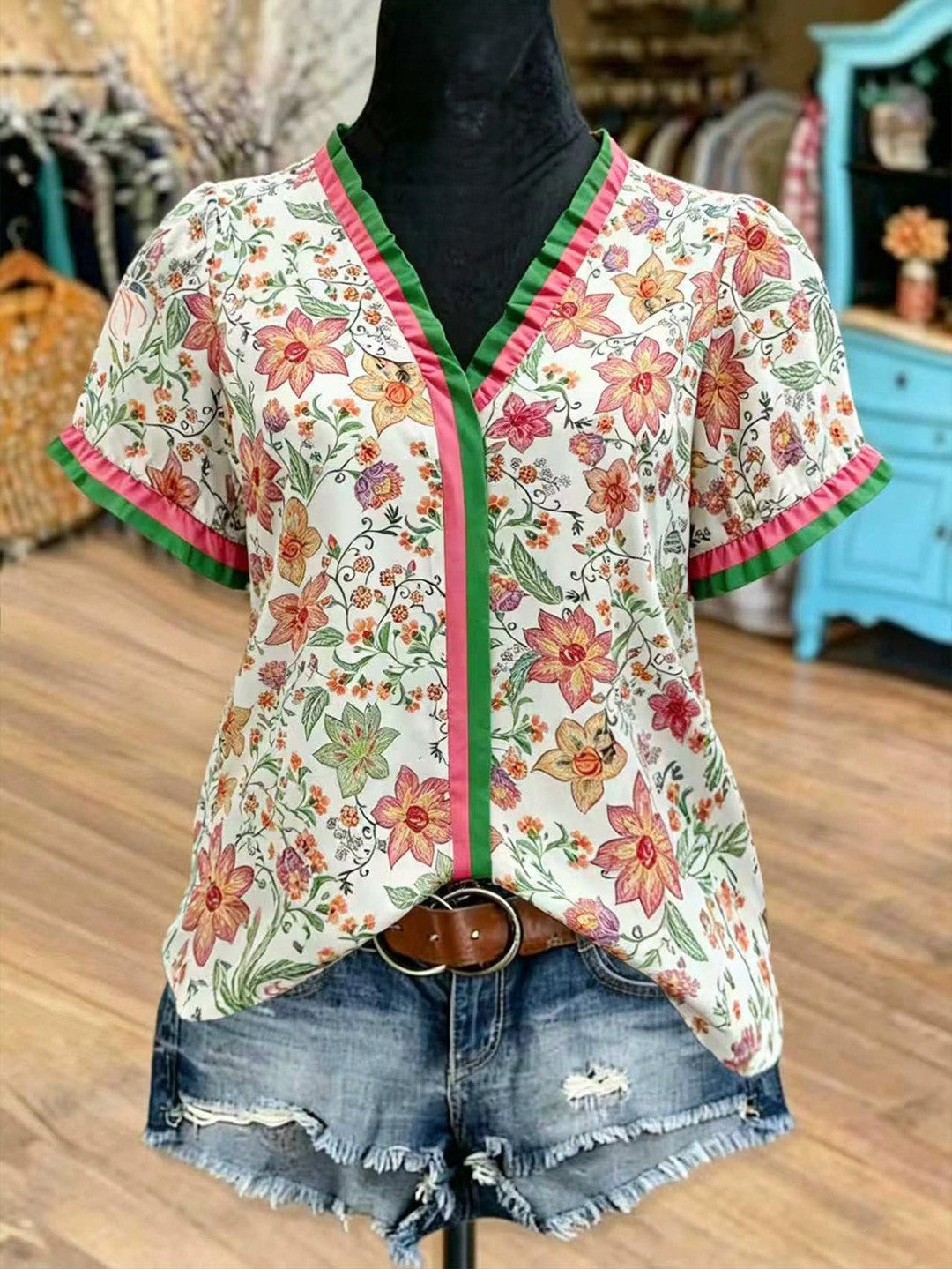 Ditsy Floral Print Blouse With Ruffled V Neckline - Orange - 4